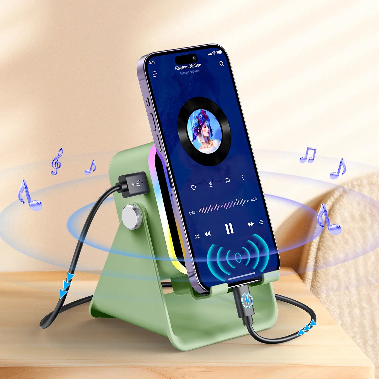 PUTARE Wireless Induction Audio Speaker Stand, 5In1 Cellphone Holder, 3500Mah Rechargeable Emergency Power Bank,360° Adjustable Mobile Tablet Stand with Colorful Ambient Light Gifts for Men Women Tiktokshopsummersale Tiktokshopbacktoschool