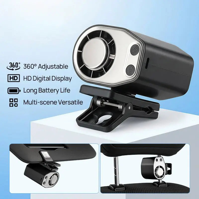 JOYTUTUS Semiconductor Cooling Clip-On Fan - Portable Fan, Car Vehicle Accessories, 360° Rotatable, 100-Speed Adjustable, USB Rechargeable, 3000Mah Battery, LED Display, Cool Tech Gadget