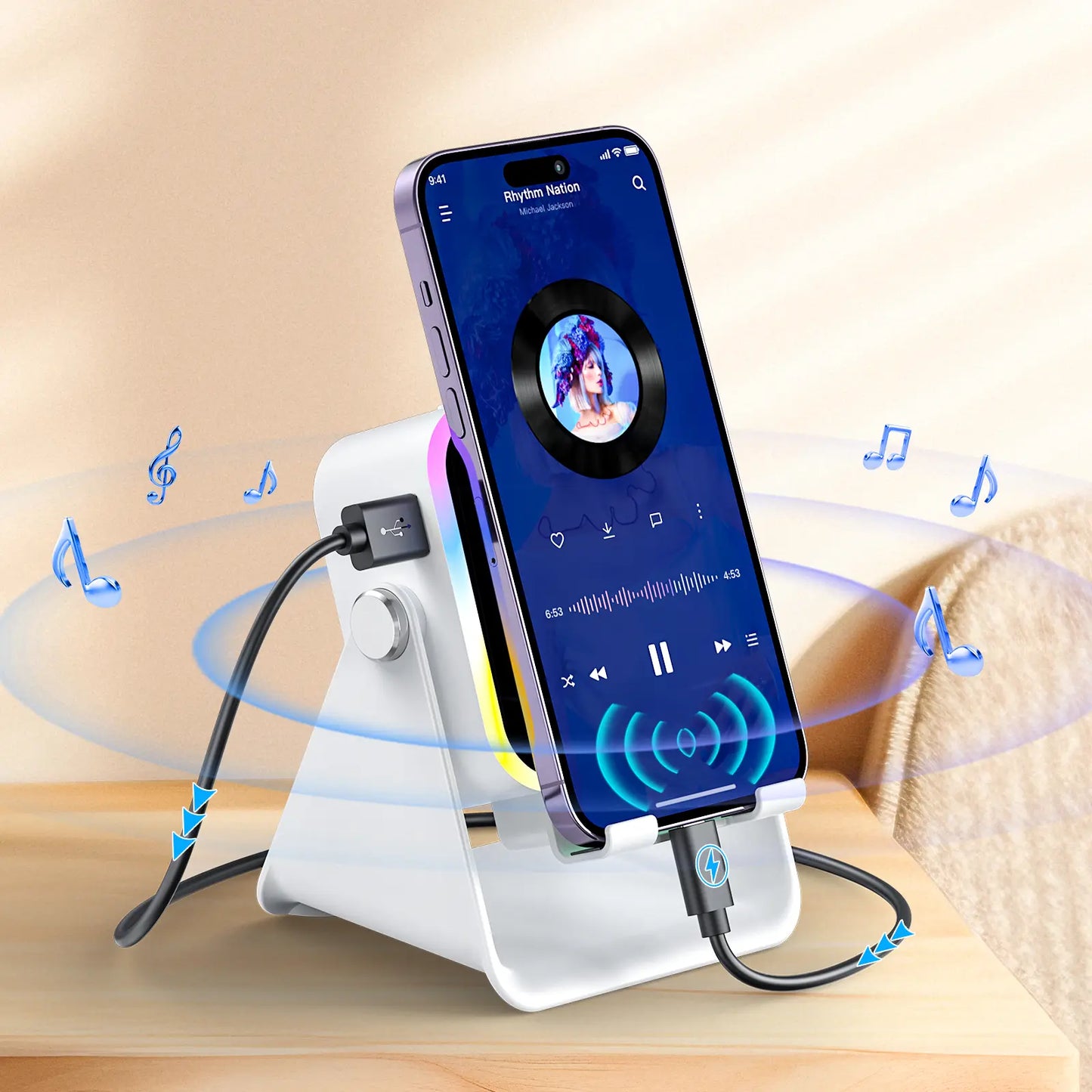 PUTARE Wireless Induction Audio Speaker Stand, 5In1 Cellphone Holder, 3500Mah Rechargeable Emergency Power Bank,360° Adjustable Mobile Tablet Stand with Colorful Ambient Light Gifts for Men Women Tiktokshopsummersale Tiktokshopbacktoschool