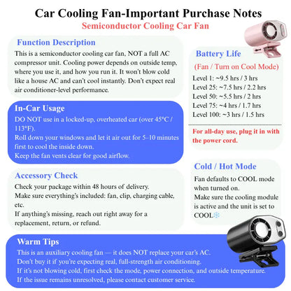 JOYTUTUS Semiconductor Cooling Clip-On Fan - Portable Fan, Car Vehicle Accessories, 360° Rotatable, 100-Speed Adjustable, USB Rechargeable, 3000Mah Battery, LED Display, Cool Tech Gadget